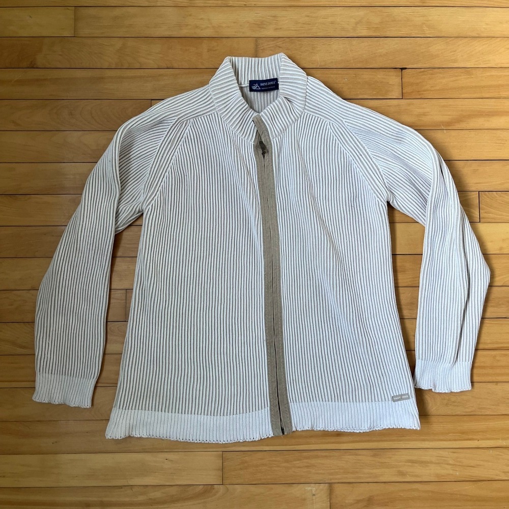 Saint James Mens Ribbed Full Zip Striped Cardigan Sweater Cream Tan Made France